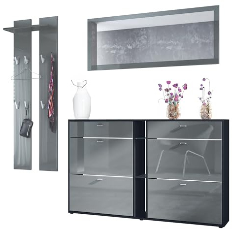 Vladon Garderoben-Set Orlando mit Schuhschrank, Made in Germany, Wandpaneel und Wandspiegel, Schwarz matt/Grau Hochglanz