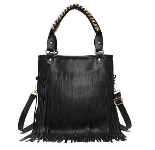 IAMUHI Lässige Schultertasche mit Nieten und Fransen, weiches veganes Leder, Hippie-Umhängetasche, Hobo-Tasche, D-schwarz, Einheitsgröße, 0012-09mu