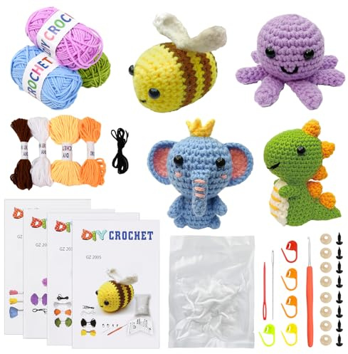 Rapidbok 4 Pezzi Set fai da te all'uncinetto,Set di lavori a maglia creativi,Kit per Animali All'uncinetto,con 4 diversi modelli di uncinetto(Elefante/Dinosauro/Ape/Polpo),per Adulti e Principianti