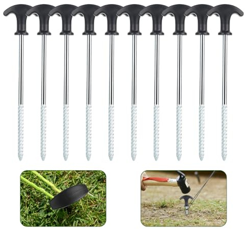 smtfcty Zeltheringe aus Stahl 10 Stück Robuste Stahl Heringe mit Gewinde und Seil Halterung,21 cm Camping Schraubheringe Outdoor Metall Zelthaken Zeltbefestigung Heringe für Zelt Sonnenschirm Wald