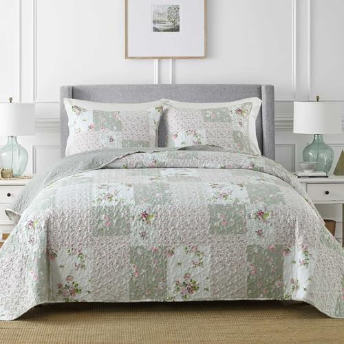Boryard Bettwäsche-Set für King-Size-Betten, 3-teilig, leicht, weich, Patchwork-Tagesdecke, Decke (264,2 x 228,6 cm), kariertes Bettwäsche-Set mit Kissenbezügen, grau-grünes Karomuster