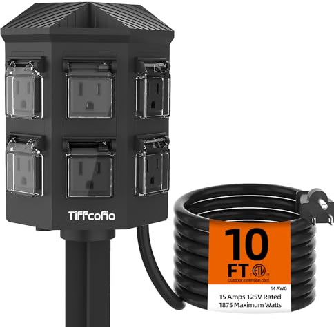 TiFFCOFiO Outdoor Power Strip with Stake Waterproof, 10 FT Extension Cord, 6 Grounded Outlets for Outdoor Lights, 14 AWG, 15A/1875W, ETL Listed (10 FT)