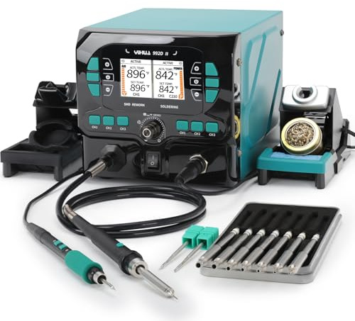 YIHUA 992D-II 2-IN-1 Precision Soldering Kit with Hot Air Pencil and C210 Soldering Iron, Precision Soldering Station with Dynamic LCD Display, Low-Wear Mode, 3 Preset Channels, 8 Hot Air Nozzles