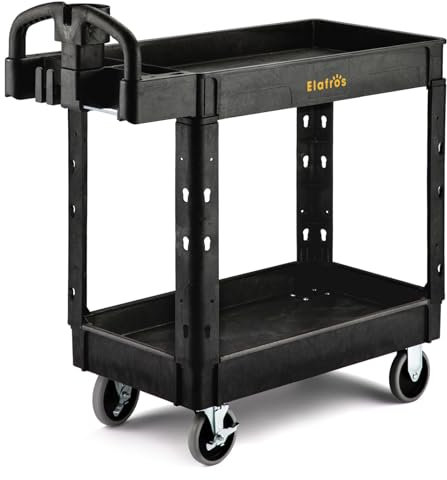 ELAFROS Mehrzweckwagen mit ergonomischem Griff und integrierten Werkzeugfächern, 95,2 x 43,2 cm, mit tiefen Regalen, hält bis zu 250 kg sicher – 2-stöckiger Rollwagen, schwarz