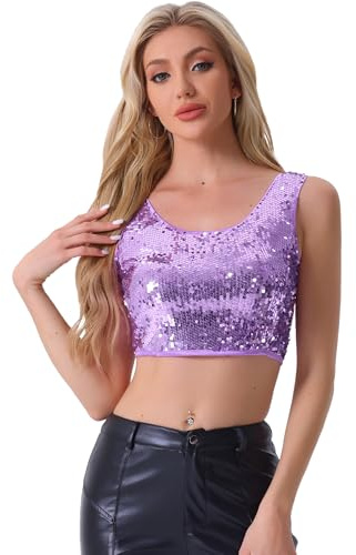 Allegra K Damen Ärmellos Pailletten Top Party Oberteil Club Cami Bauchfrei Tank Top Bluse Lila S
