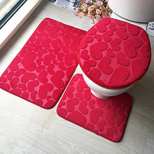 Bad Teppiche Set Elegantes Rotes Herz Badezimmerteppich Waschbar WC Vorleger mit Ausschnitt und WC Deckelbezug 3 Teilig Badematte rutschfest Toilettensitzbezug Badgarnitur 50x80 cm