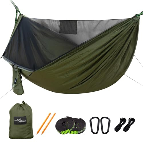 Travel Bird Camping Hammock with Mosquito Net and Ridge Rope, Extra Large for 2 Person, Lightweight Hanging Hammocks Tree Straps, All-in-one Fast Open Hammock for Outside, Hiking, and Travel