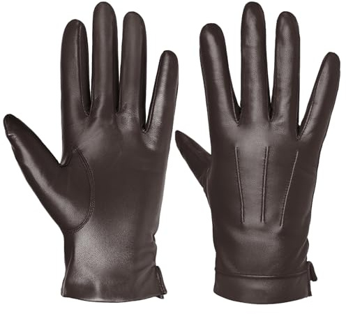 Harssidanzar Guantes de cuero para hombre con pantalla táctil de cachemira forrado caliente SM052EU,Marrón,Talla L