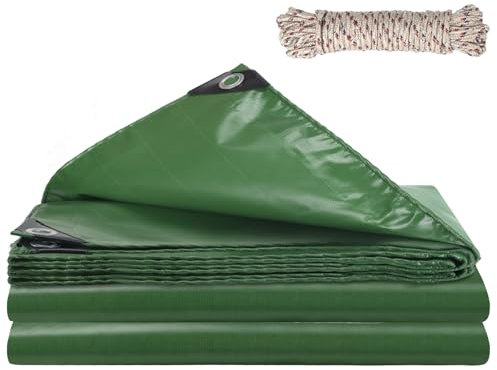 HUAESIN 3 x 5m Large Tarpaulin Waterproof Heavy Duty 440 GSM Green Tarpaulin Thicken Outdoor PVC Waterproof Tarps with 10M Rope & Eyelets Tarp Sheet Cover for Garden Furniture Camping Cover