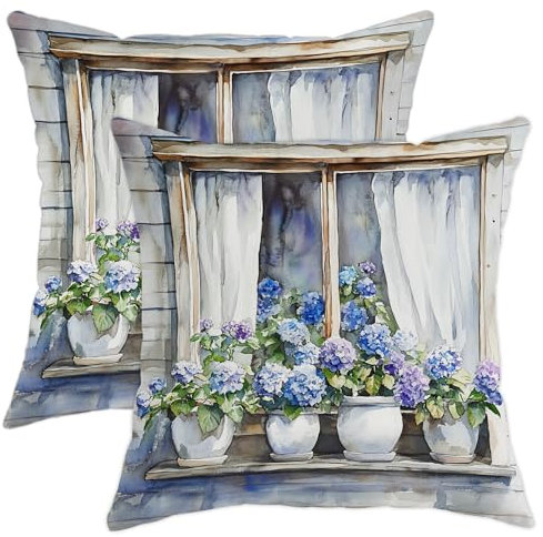 Set di 2 federe per cuscini con fiori di ortensia, blu e viola, decorazione per interni, stile fattoria, per casa, camera da letto, divano, 40,6 x 40,6 cm