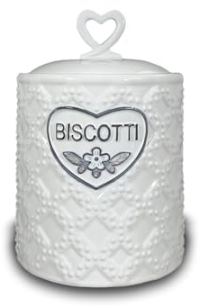 ARCA, Biscottiera Ermetica in Ceramica Lavorata, Barattolo Porta Biscotti con Pomello Ergonomico, Lavabile in Lavastoviglie, 17x18 cm, Fantasia Vintage, Colore Bianco