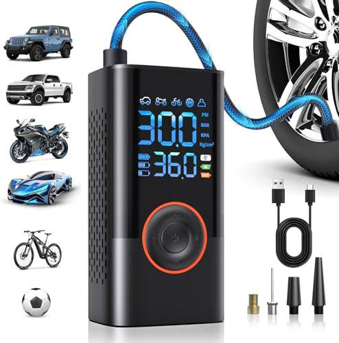 Fshyos Tyre Inflator Air Compressor, Portable Cordless Tyre Pump with Digital Pressure Gauge 150PSI, Electric Car Air Pump Auto Shutoff with LED Light for Car Motorcycle Bicycle