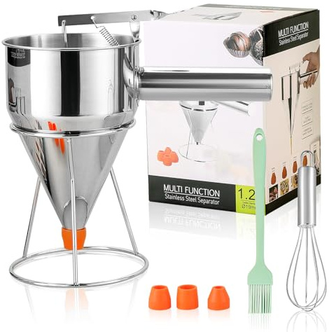 FLKQC 40oz Stainless Steel Pancake Batter Dispenser with Stand and Tools, Great for Pancakes, Cupcake, Candle Wax Pourer, Durable, Leak-Free and Easy to Clean