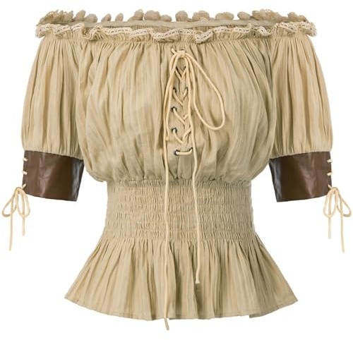 DUHENWU Blusa para mujer renacentista, estilo medieval, hombros descubiertos, corsé, manga corta, ropa vikinga, disfraz de pirata, estilo bohemio, camisa de campesino, blusa steampunk, O beige., S