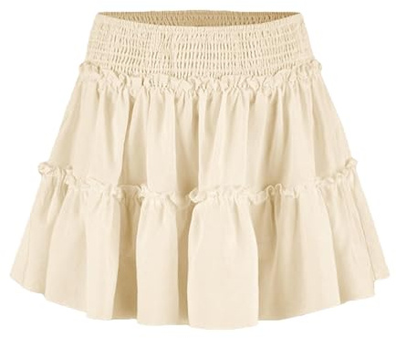 Acramy Damen Rock A-Linie Kurz Sommerrock Bequemer Faltenrock Mini Skater Rock mit Shorts (L, Beige)