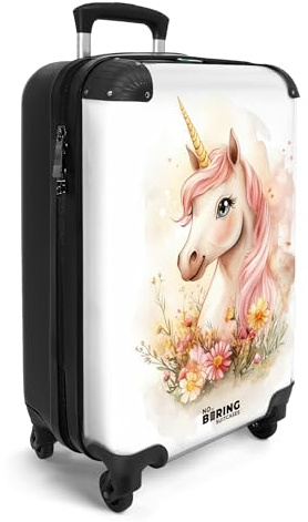 NoBoringSuitcases.com® Handgepäckskoffer Kinder 55x35x20 cm Reisekoffer Kinderkoffer 4 Rollen Leicht Koffer Cabin Trolley Hartschalenkoffer Kind Einhorn - Mähne - Rosa