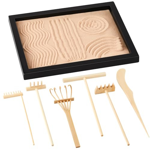 Soulchen 8 Pcs Mini Zen Garden Kit for Table Decor DIY Your Own Zen Garden 8.5 x 6.7 Japanese Sand Tray 6 Rake Tools Meditation Gifts Set for Home Office Tabletop Accessories Therapy Stress Relief