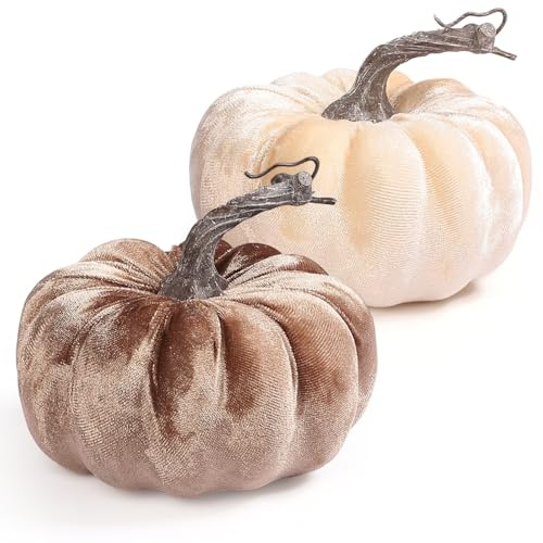 DuHouse Set di 2 zucche in velluto – zucche artificiali autunnali per Halloween, Ringraziamento, festa del raccolto decorazione da tavolo (bianco + marrone)