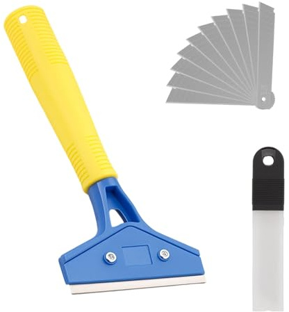 Grattoir Vitre avec 10 Lames, Grattoir Peinture avec Manche Long de 23cm, Lames en Acier au Carbone 100mm, Grattoir Plancha Inox pour Carrelage, Papier Peint, Colle, Miroir, et Table de Cuisson
