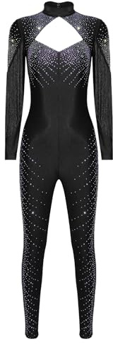 CHICTRY Tuta Intera per Pattinaggio Artistico Donna con Strass Jumpsuit Aderente a Manica Lunga Leotards Body Danza Classica Moderna Body da Balletto Dancewear Nero S