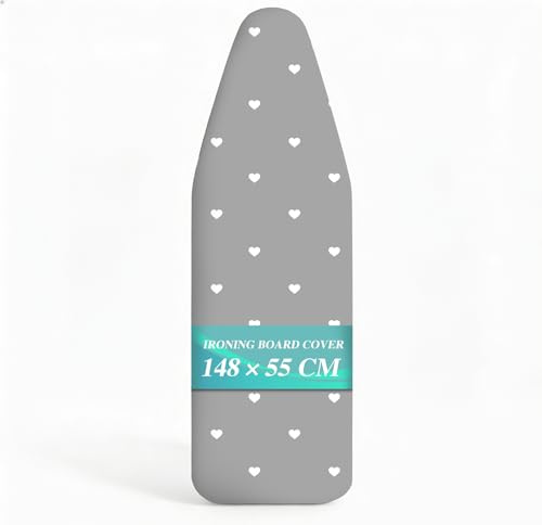 ZOFUN Ironing Board Covers 148 x 55 cm, Extra Large Ironing Board Cover with 220℃ Heat Resistance, Grey with Heart Cotton Iron Board Cover Easy to Fit, Thick Ironing Board Covers Only