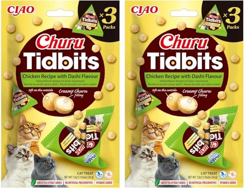 INABA Churu Tidbits Katzenbonbons mit hochwertigen Inhaltsstoffen, reich an Feuchtigkeit und Eiweiß, kalorienarm, ohne Getreide oder Zucker 36g (Packung mit 2)