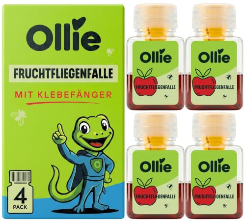 Ollie Fruchtfliegenfalle inkl. Klebefänger, 4er Set - Laborgeprüfte Obstfliegenfalle, Wirksam bis 4 Wochen, Fruchtfliegenfalle für Küche & Haushalt, Fruchtfliegen & Obstfliegen bekämpfen