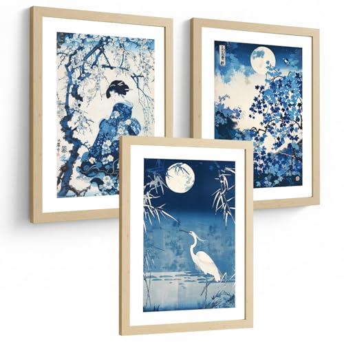Nacnic Set De 3 Laminas Decorativas Pared Estilo Japon. Cuadros Salon Modernos - Posters Decorativos Azules Orientales. Arte Japones. Decoración Dormitorios. A3 Marco Madera Clara