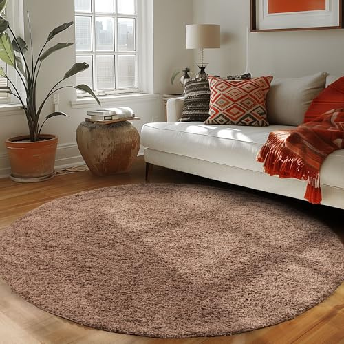 Carpettex Hochflor Teppich Wohnzimmer 80 cm Rund Mokka - Flauschiger Teppich Extra Weich und Pflegeleicht - Shaggy Teppich Modern Einfarbig Design - Teppich für Schlafzimmer, Esszimmer und Küche