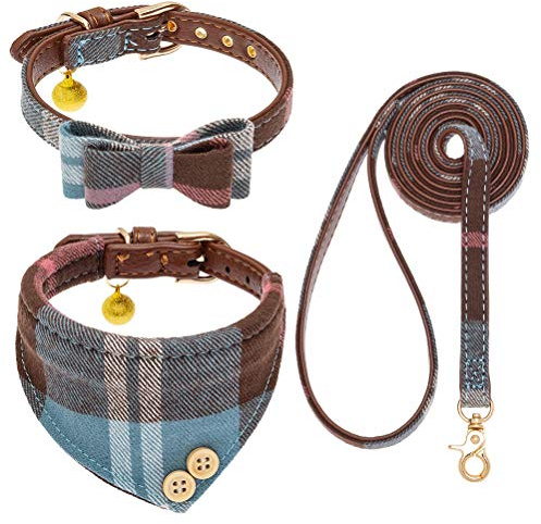 EXPAWLORER Set med halsband och koppel, klassisk rutig fluga och bandana-krage med klocka, trasselfritt koppel, justerbart för små, medelstora och stora hundar och katter, perfekt högtidsgåva