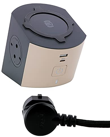 LEGRAND, Power Cub, kompakte Ladestation mit 5 Anschlüssen, Mehrfachsteckdose, induktives Laden, USB-A- und USB-C-Anschluss, 2-fach Steckdose, 2m Kabellänge, Braungrau/Dunkelgrau, 694500