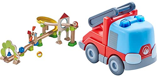 HABA 300438 - Kugelbahn Kullerbü - Windradbahn & 303844 - Kullerbü – Feuerwehr-Leiterwagen | Motorikspielzeug von 2-8 Jahren | Tolles Zubehör für alle Kullerbü-Bahnen