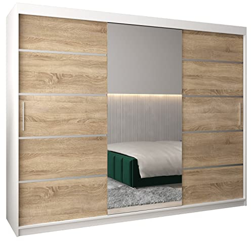 MEBLE KRYSPOL Kleiderschrank mit Spiegel Verona 2 - Garderobenschrank - Schrank Schlafzimmer - Mehrzweckschrank DREI Schiebetüren - Regalen - Flur Möbel - Kleiderstange Schrank - Allzweckschrank