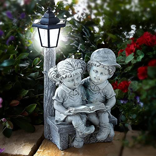 Coopers of Stortford Reading Boy and Girl Statue with Solar Light, Garden Weatherproof Ornament H52 xW25 xD23cm
