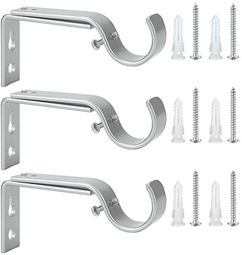 Ycolnaefllr Set of 3 Silver Adjustable Curtain Rod Brackets Rod Holders Curtain Rod Hanging Brackets for 22-28mm Rod