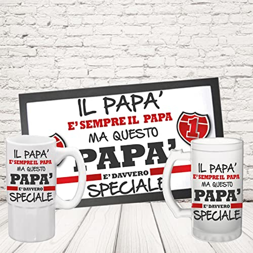 Kit Barman COPPIA TAPPETINO per BANCONE da BAR PIÙ BOCCALE ” PAPA’ SPECIALE “ Bicchiere BIRRA IN CERAMICA O VETRO SATINATO PERSONALIZZABILE idea regalo per Papà