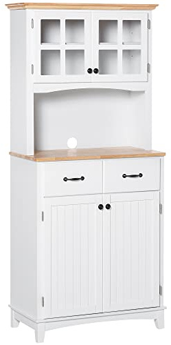 HOMCOM Freestanding Kitchen Cupboard, Kitchen Storage Cabinet with Framed Glass Doors, 2 Drawers, Microwave Counter, 172cm, White