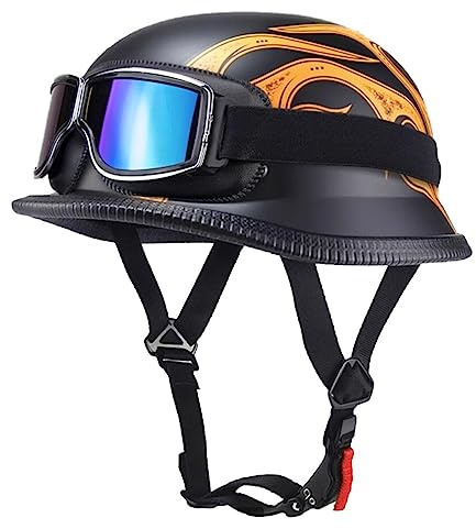 Retro Deutsche Halbhelm Halbschalenhelm Motorradhelm ECE Zertifiziert | Jethelm Öffnen Halboffenen Helm Mit Brille Cruiser Chopper Helm Mopedhelme Geeignet Erwachsene MäNner Frauen S~XL 55-62CM