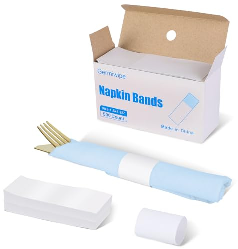 Germiwipe 500Pcs White Napkin Bands,Paper Napkin Rings Self-Adhesive,Silverware Wraps Bands,Easy to Separate, Time-Saving, Perfect for Birthday Parties, Weddings, Family Reunion & Events