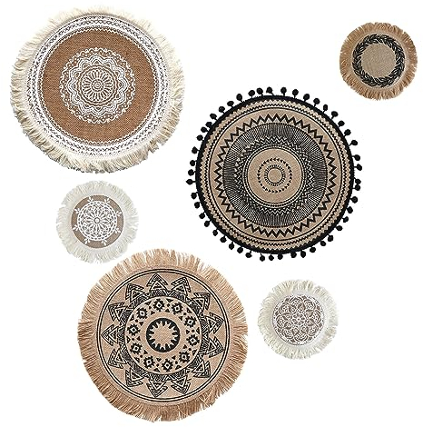 LELE LIFE Set di 6 decorazioni da parete in iuta, rotonde e piatte, in macramè, bohémien, arte da parete con mandala, per casa colonica bohémien, decorazione rustica, camera da letto e soggiorno,