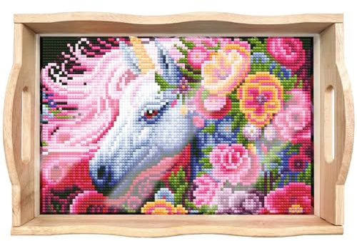 Generisch DIY Diamond Painting Wooden Serving Tray, Rectangular, White, Unicorn, 30 x 20 cm, Wood & Acrylic (50%, 50%), Breakfast, Food, Lightweight, Handle