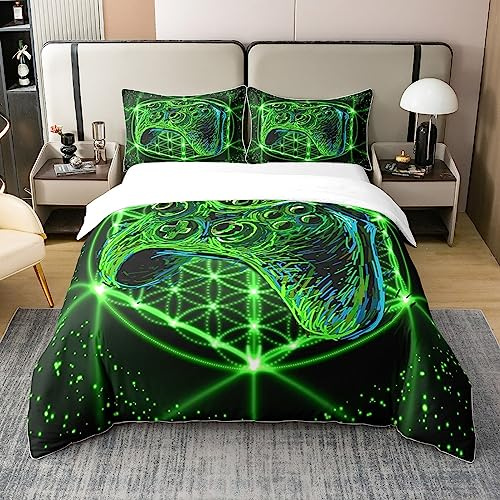 Homemissing Gamepad 100% Coton Housse de Couette 140x200cm Galactique de Jeu Parure de lit 100% Enfants Coton Garçons Jeux pour Adolescents Gamer nouveauté Vert Contrôleur de Jeu Ensemble de Literie