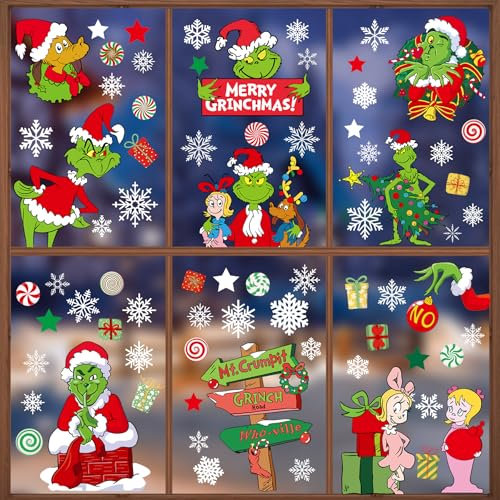 RICEDUO Christmas Window Stickers, 9 Sheets Double-Sided Printed Christmas Elf Faces Window Clings, Christmas Window Decals with Snowflake Decals for Christmas Decorations