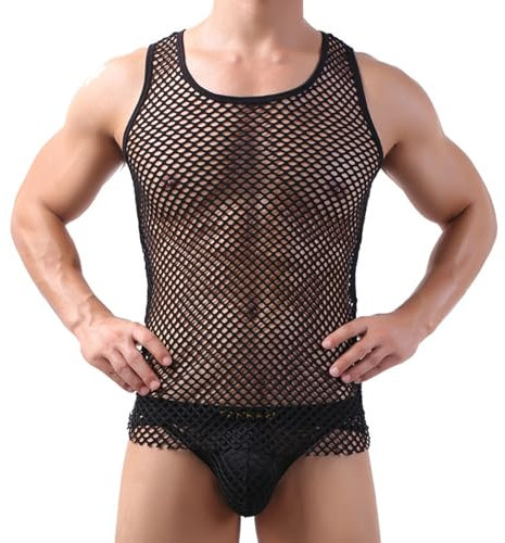 Camiseta Sin Mangas de Rejilla con Cuello Redondo Para Hombre Workout Gym Slim Fitted Muscle Tee Shirt(Schwarz,L)