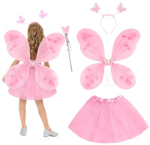 AYBUY Fairy Wings barnkostym – fjärilsvingar, nättutu, trollstav och pannband, rosa prinsesskjol, utklädningsdräkt för flickor