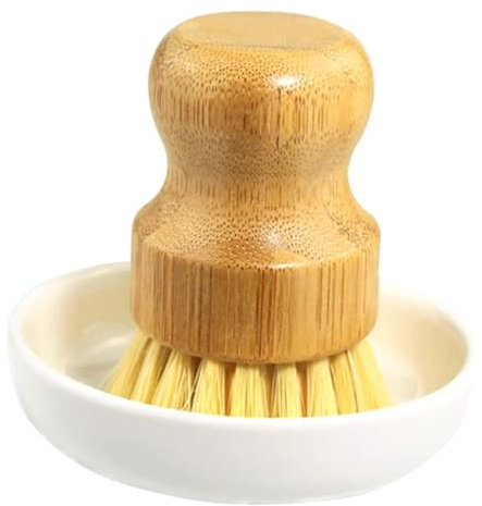 FRCOLOR Pot Cleaning Brush and Kitchen Dish Scrubber Set, 2pcs Bamboo Sisal Bristles Draining Base, Sturdy Dishwashing Brush for Home Wok and Dish Cleaning Supplies