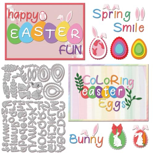 GLOBLELAND Stanzformen Mit Ostereier Alphabet Für Heimwerker Scrapbooking Metall Stanzformen Mit Kaninchen Und Karottenmotiv Blätter Und Schleifen Stanzungen Für Die Kartengestaltung Prägung Fotoalbum