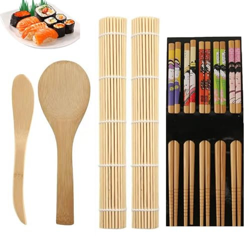 9 Stück Sushi Set, Sushi Matte, Sushi Rolle, Sushi Bambusmatte, Sushi Zubehör, Sushi Kit, Bambusmatte Sushi Maker für Geschenk, Geeignet für Die Herstellung Von Sushi, Reis und Gemüserolle, Etc. ﻿