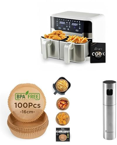 MasterPro Pack of Rocket Duo 900 Freidora Aire 9L Doble, Pantalla Táctil LED, 2400W + 100 Piezas Papel de Hornear 16cm Sin BPA para Cestas 3-4,5L + Pulverizador Aceite 100ml Acero Inoxidable