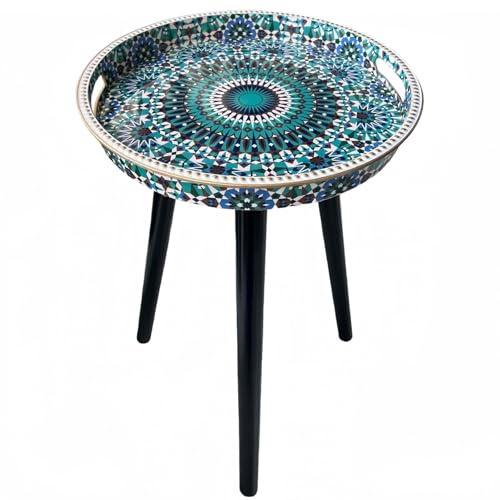 Simmer Stone Round Indoor Side Tables with Detachable Wooden 3 Legs, Versatile Tray Table, Perfect For Round Coffee Table Tea, and Relaxation Time 17.7 Inch (Dot Green Pattern)